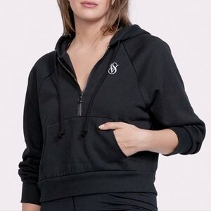Victoria's Secret Black Half Zip Cropped Fleece Hoodie Size Large